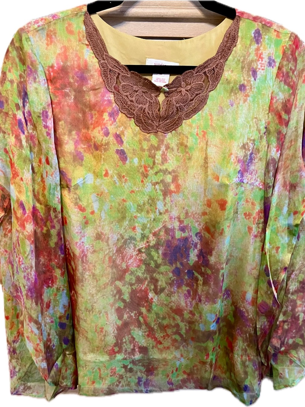 Sundance Multicolor Watercolor Floral Blouse with Brown Lace Neckline